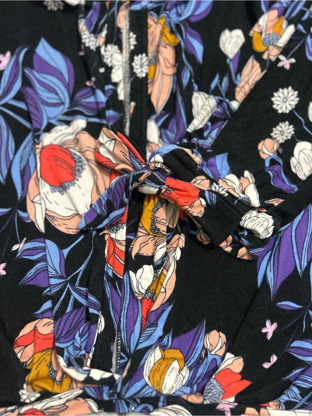 Free People Boho Blouse XS Black Blue Floral Tie Cuff Long Sleeve Button Front